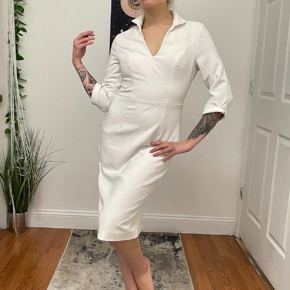 Black Halo Stand Collar Fit & Flare Midi Dress 3/4 Sleeve Size 2 White